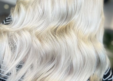 Luxurious blonde hair waves styled at Hair by LAW, Worcester, England, GB.