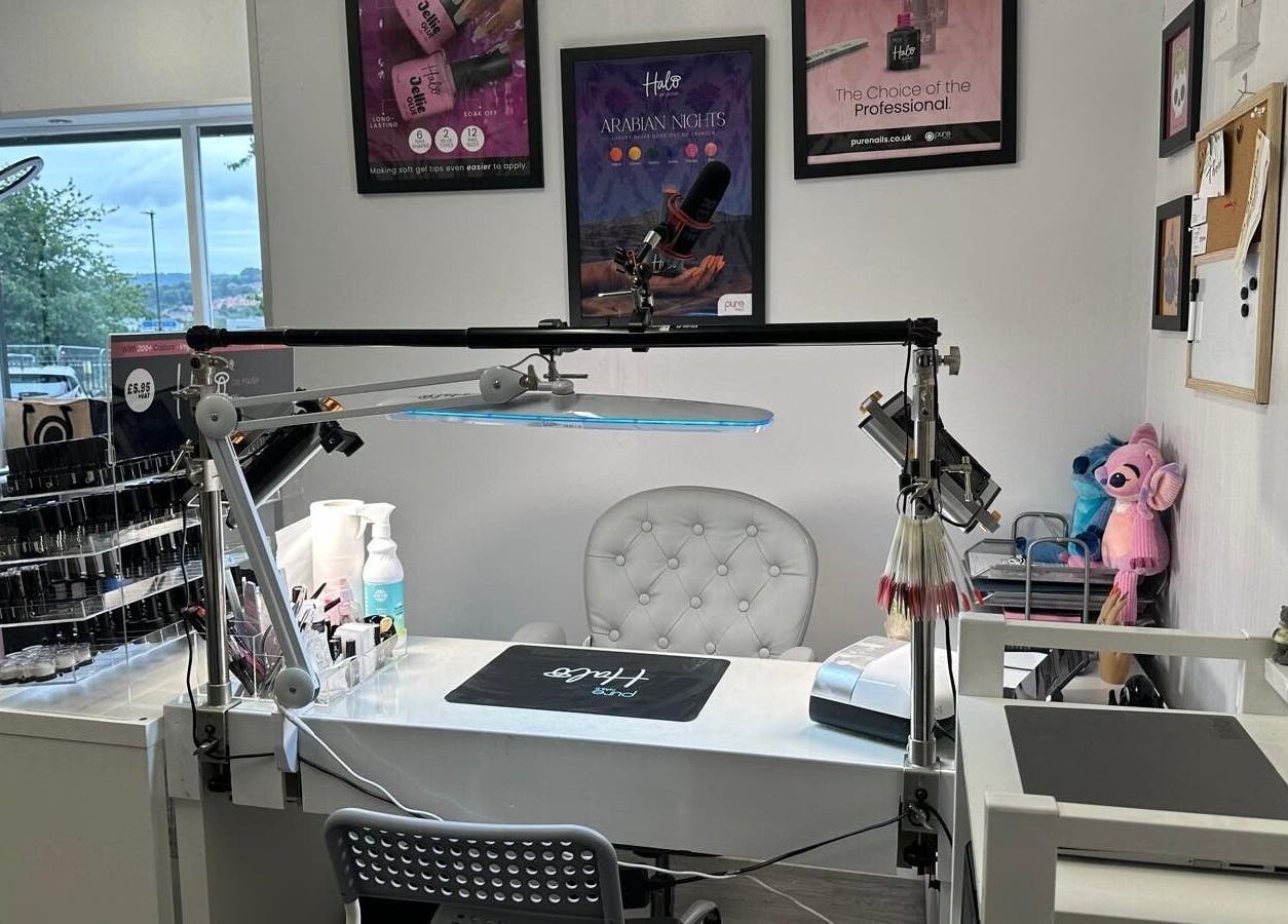 Modern nail studio at Totally Polished, Village, England, GB, featuring stylish decor and professional equipment.