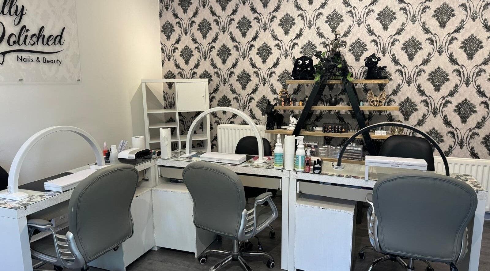 Stylish nail salon at Totally Polished, Newcastle upon Tyne, England, GB, featuring elegant decor and modern equipment.