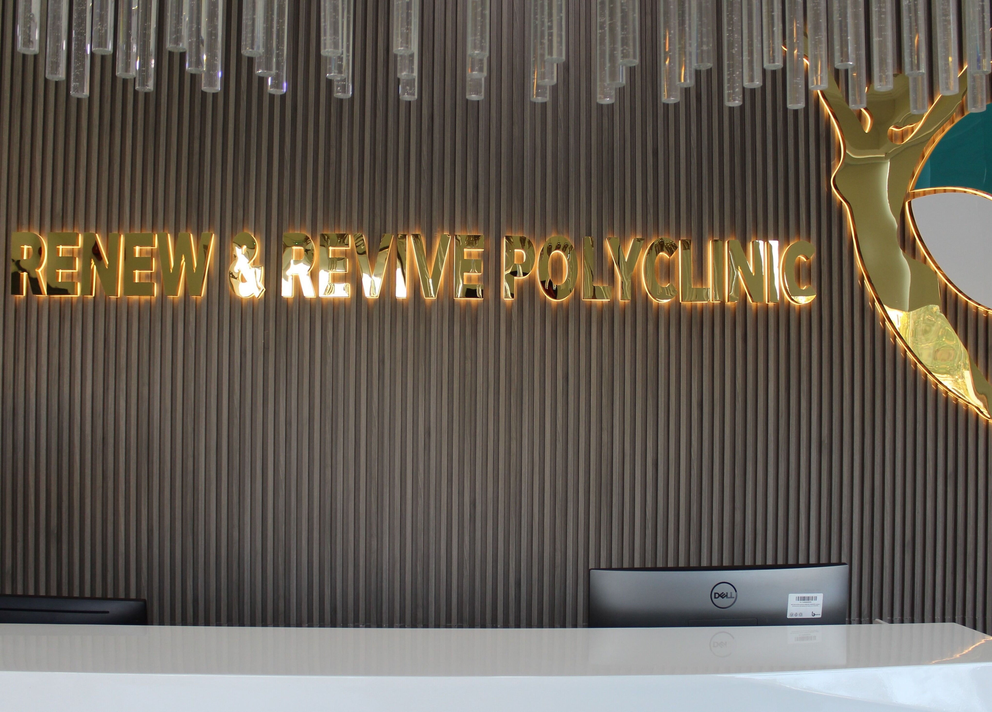 Reception at Renew and Revive Polyclinic in Dubai, Dubai, AE featuring sleek modern design and stylish decor.