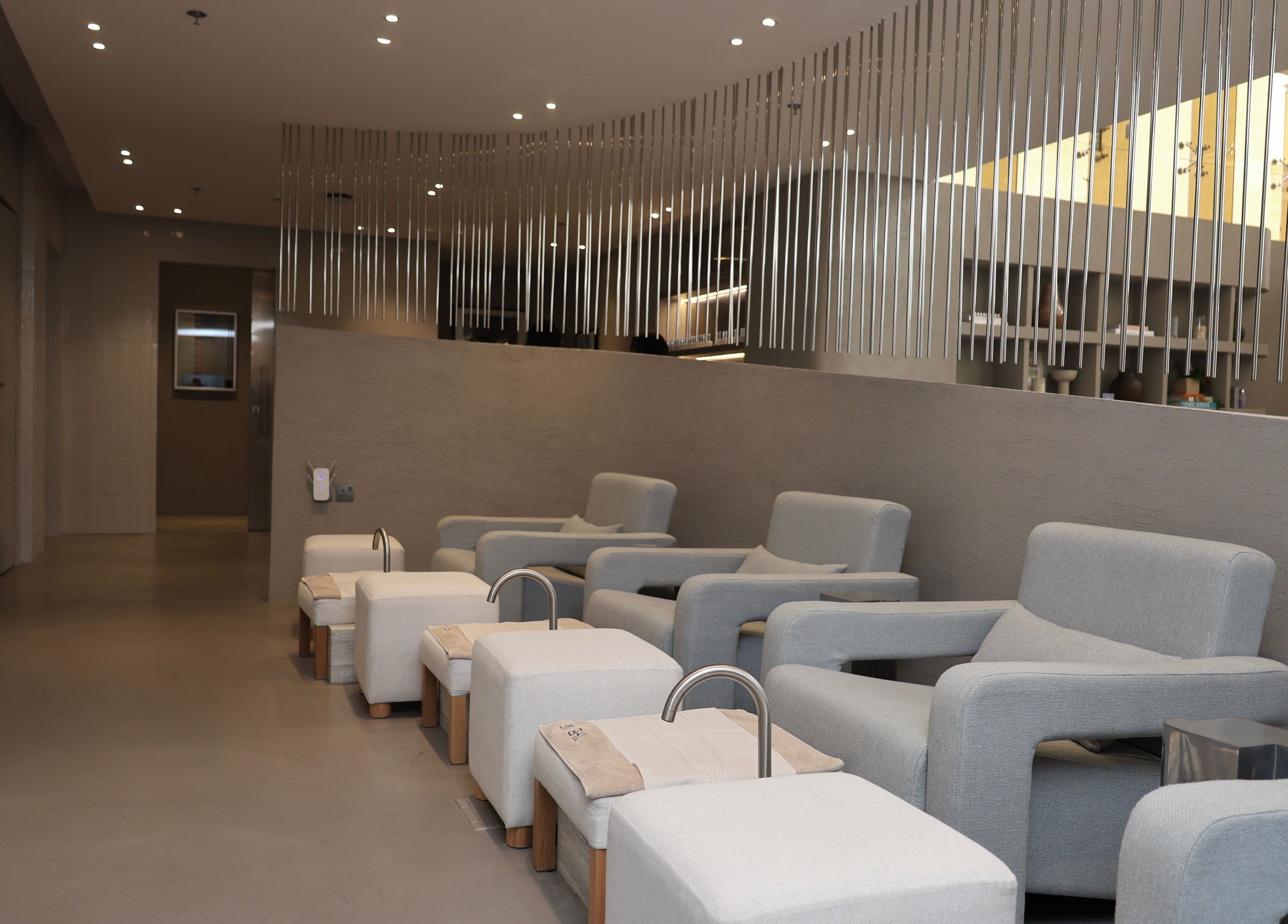 Modern pedicure lounge at The Hair.sa in Riyadh, Riyadh Province, SA with comfortable seating.