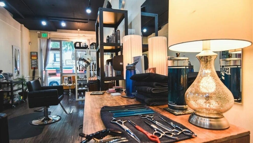 Dolled and Dapper Salon interior with styling tools in San Francisco, California, US.