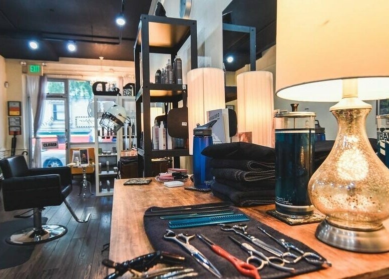 Dolled and Dapper Salon interior with styling tools in San Francisco, California, US.