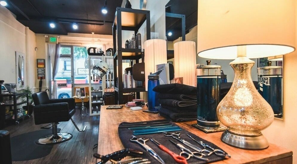 Dolled and Dapper Salon interior with styling tools in San Francisco, California, US.