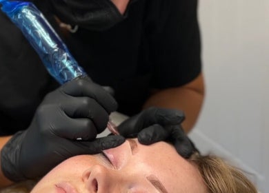 Microblading session at Lucy's Beauty Bar in Allington, England, GB enhancing natural eyebrows.