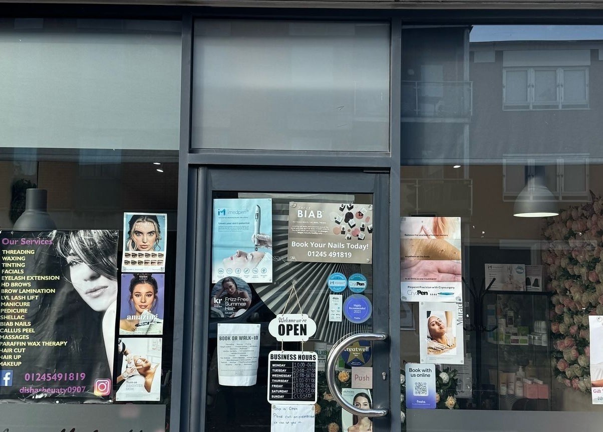 Front view of Disha’s Beauty in Chelmsford, England, showcasing beauty services and opening hours.