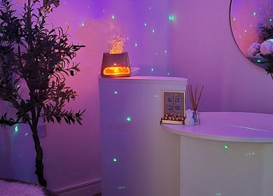 Relaxing corner at The SKN Edit (Nude Studio) in Cockenzie Port Seton, Scotland, GB with ambient lighting.