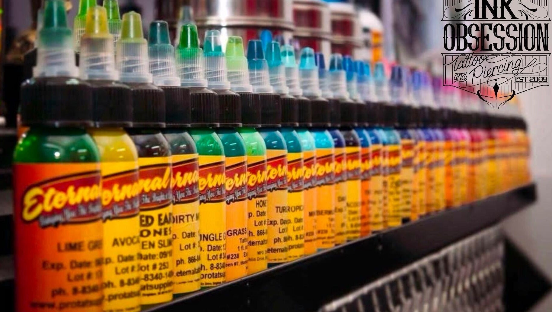 Colorful tattoo inks at Ink Obsession Tattoo & Piercing, Nuriootpa, South Australia, AU.