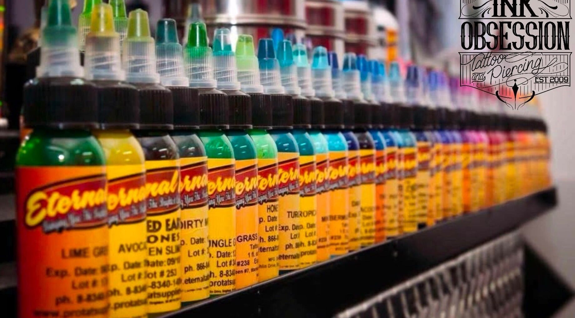 Colorful tattoo inks at Ink Obsession Tattoo & Piercing, Nuriootpa, South Australia, AU.