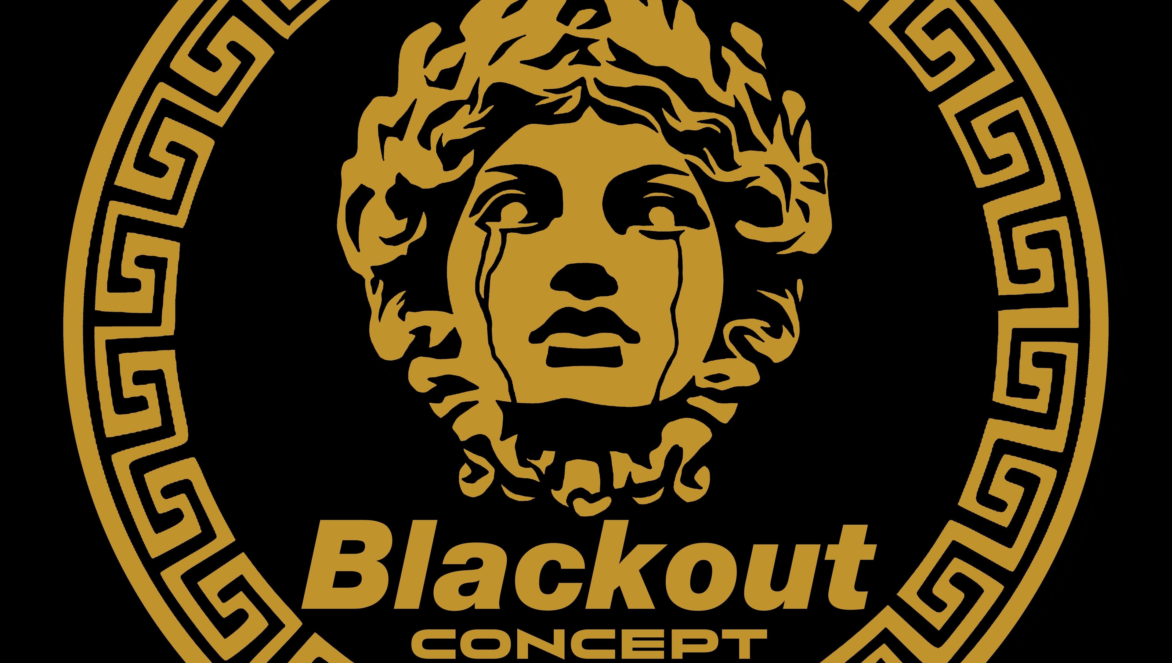 Logo dorato del Blackout Concept a Terracina, Lazio, IT su sfondo nero con design intricati.
