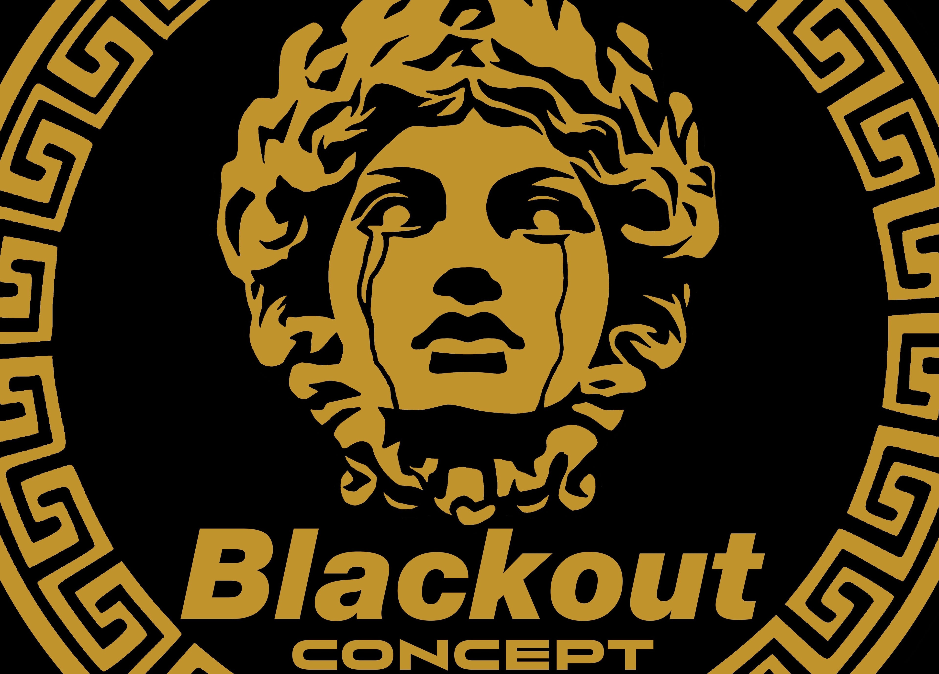 Logo dorato del Blackout Concept a Terracina, Lazio, IT su sfondo nero con design intricati.