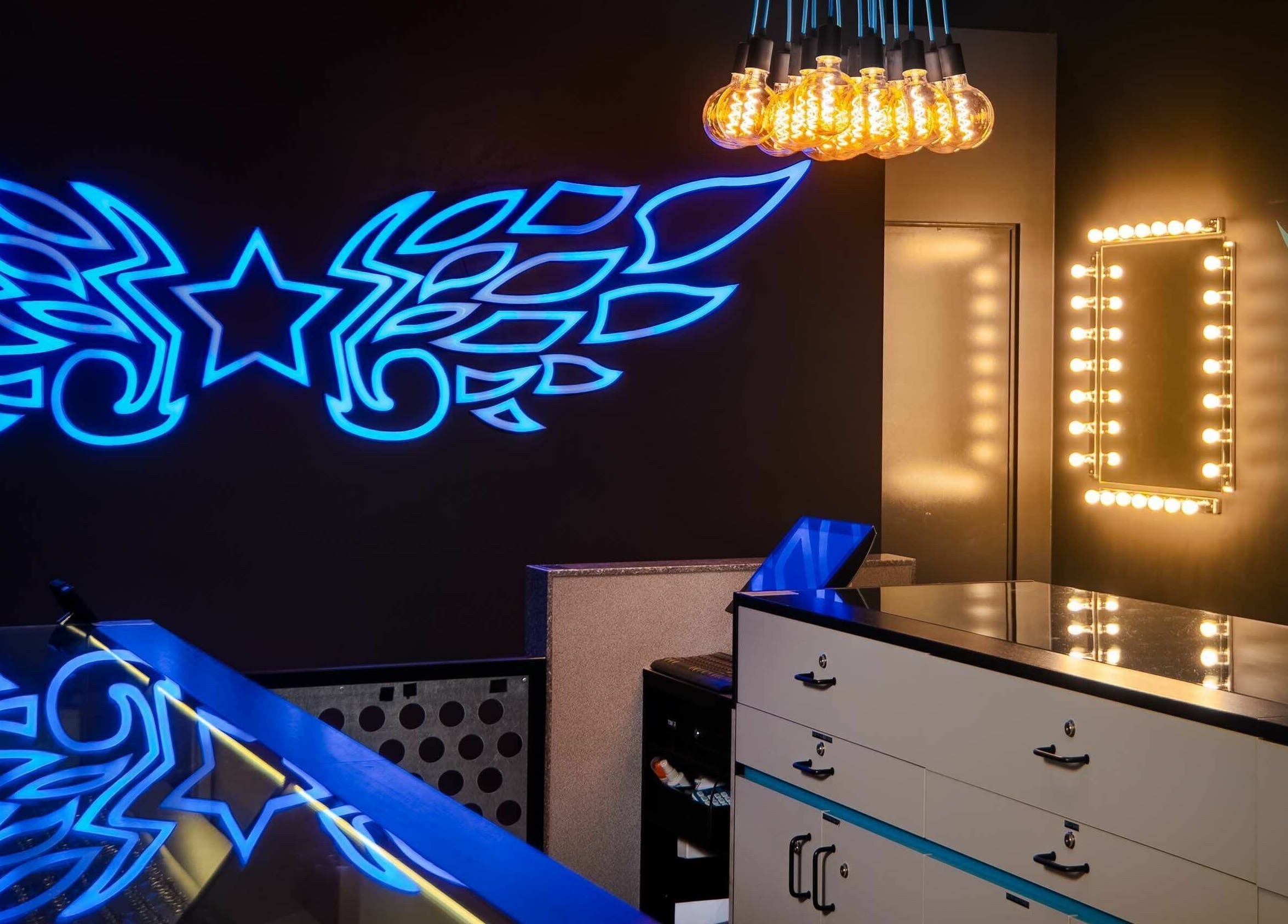 Illuminated mirror and neon art at Carousel, Angel Body Jewellery and Piercing, Cannington, Western Australia, AU.