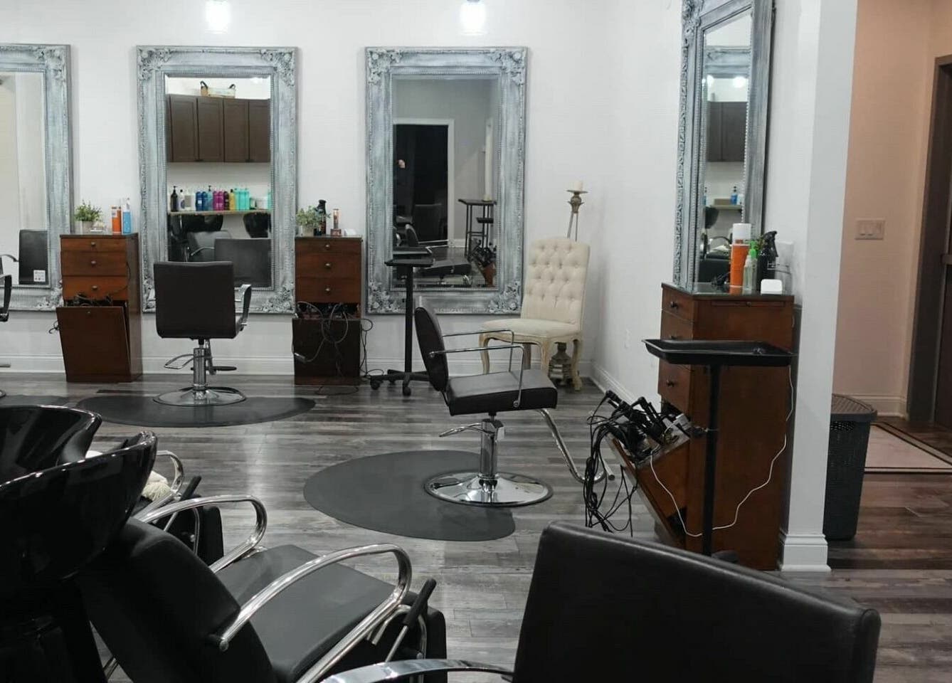 Elegant styling chairs and mirrors at Geneva Salon and Spa Suites, Lake Geneva, Wisconsin, US.