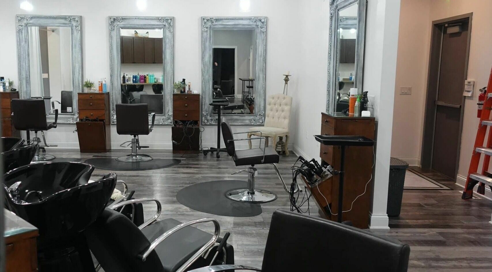 Elegant styling chairs and mirrors at Geneva Salon and Spa Suites, Lake Geneva, Wisconsin, US.