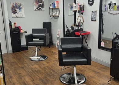 Modern salon chairs and equipment at Bella Lina Salon, Warwick, Rhode Island, US.