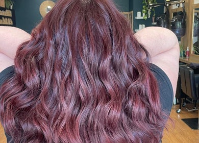Rich burgundy waves styled at The Hair Room at Mawson, Mawson, Australian Capital Territory, AU.