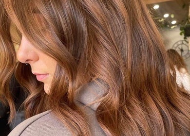 Elegant copper wavy hairstyle at The Hair Room at Mawson, Mawson, Australian Capital Territory, AU.