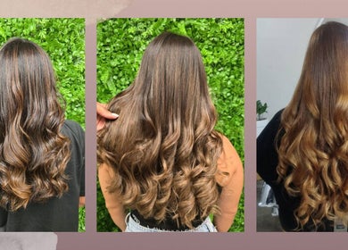 Three models showcase wavy hairstyles at JC Hair Salon in Southport, Queensland, AU against a vibrant green backdrop.