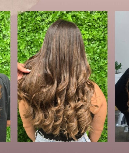Three models showcase wavy hairstyles at JC Hair Salon in Southport, Queensland, AU against a vibrant green backdrop.