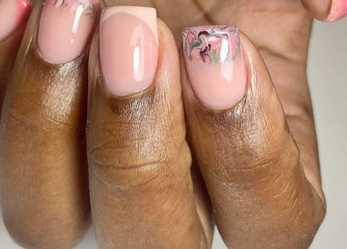 Stylish pink nail art with floral design at Euphoria Nails by Alexandria Rose, Nassau, New Providence, BS.