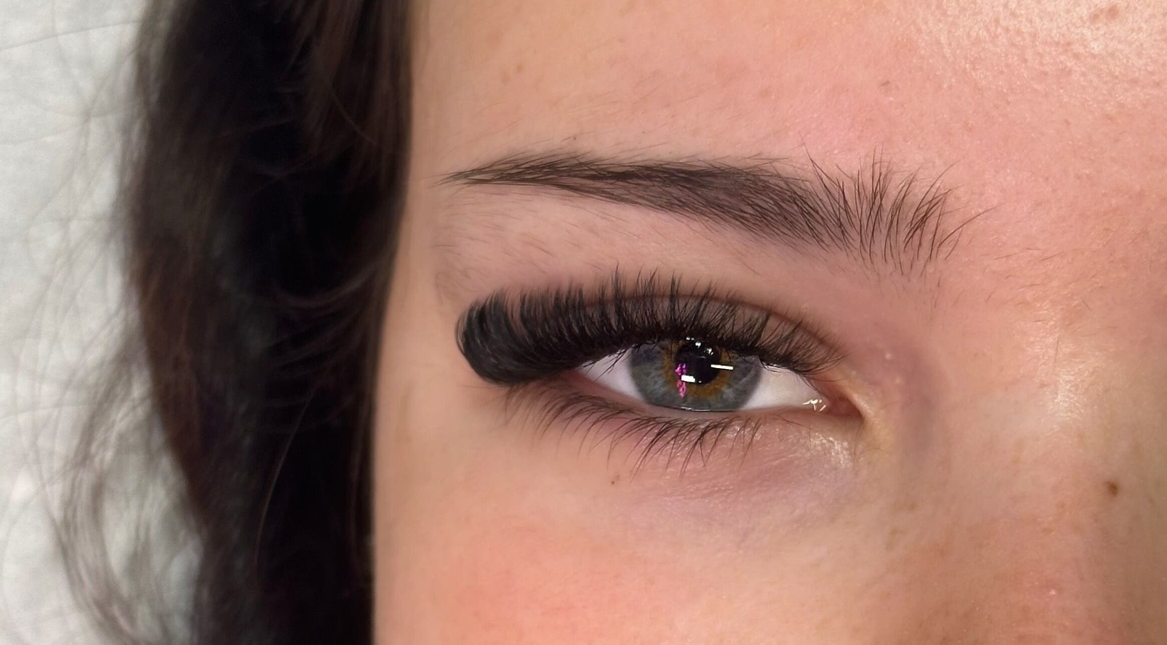Close-up of styled eyelashes at Taylor & Lash, Manchester, England, GB, showcasing lash enhancement.