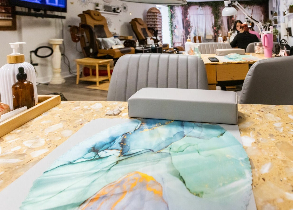 Interior of Goddess Nails and Spa.LLC in West Allis, Wisconsin, US, showcasing elegant manicure stations.