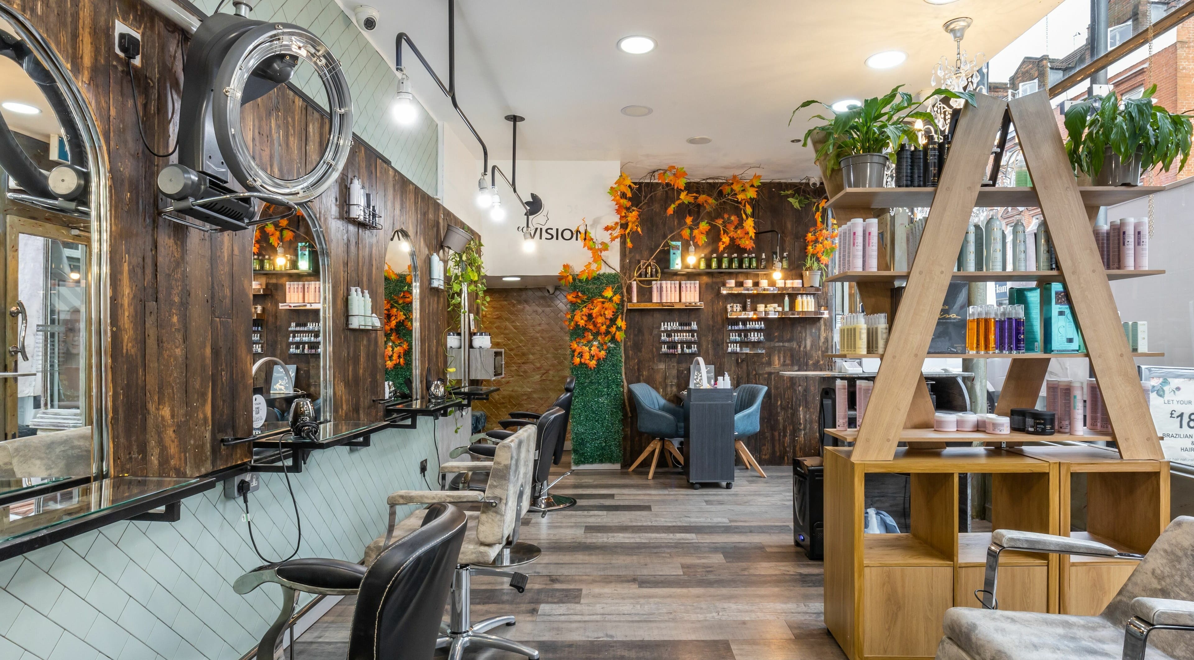 Interior of Eco Vision Salon in London, England, GB, showcasing stylish decor and modern beauty products.