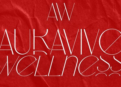 Auravive Wellness logo showcasing elegant typography in red at Studio Manetane, Varsity Lakes, Queensland, AU.
