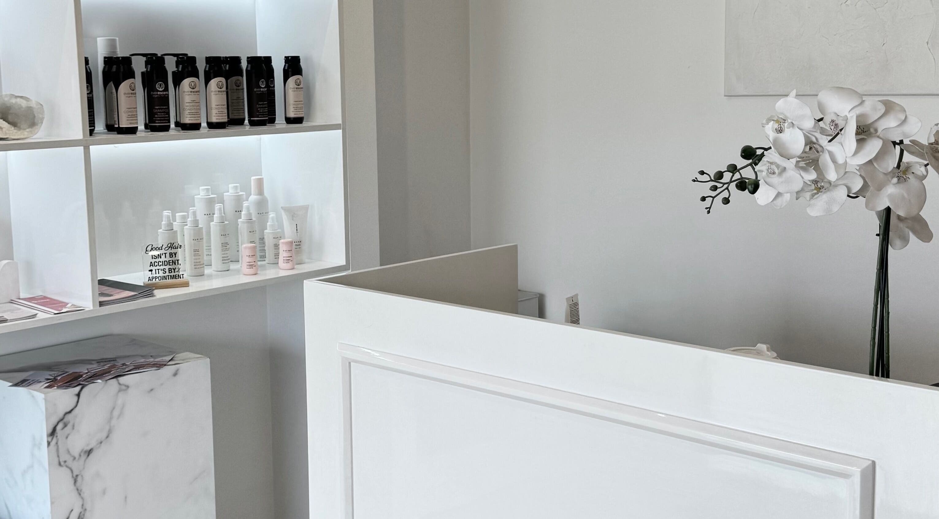 The Wellness Atelier reception with beauty products, Tweed Heads, New South Wales, AU.