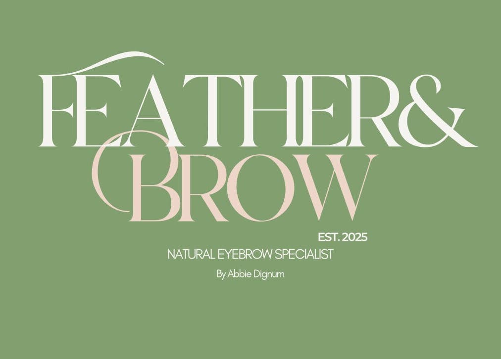 Feather & Brow logo in elegant font, Bowers Gifford, England, GB. Established 2025, natural eyebrow specialist.