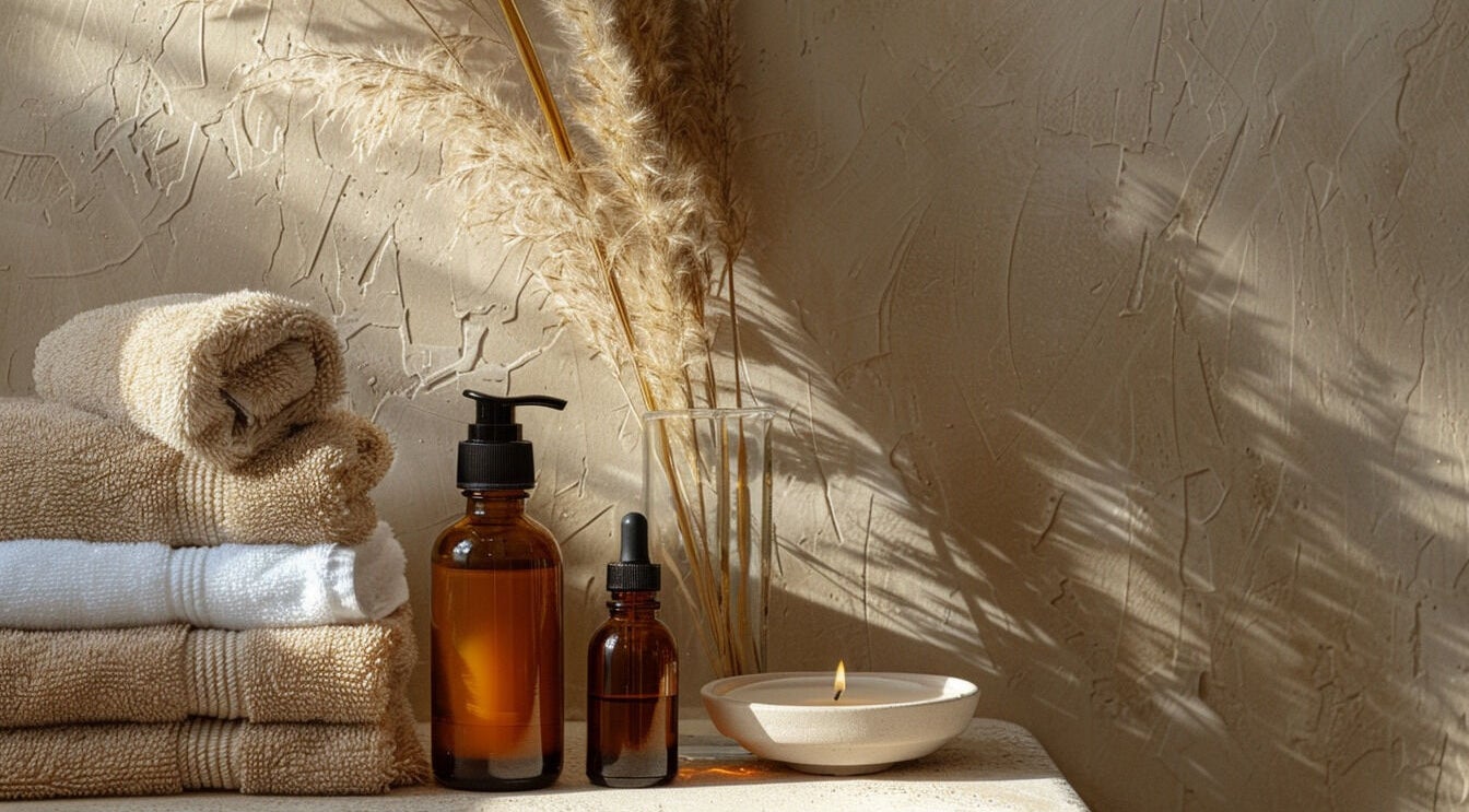 Calming spa essentials at Lucia Skincare, Newbury. Relaxing candles and towels enhance wellness at this GB venue.