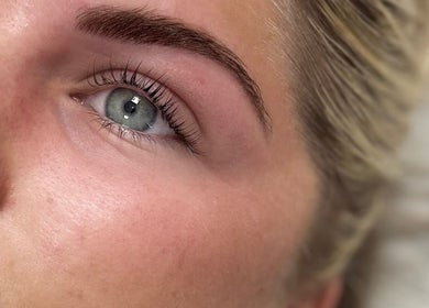 Close-up of a styled eyebrow and eye at The Beautique in Atherstone, England, GB.