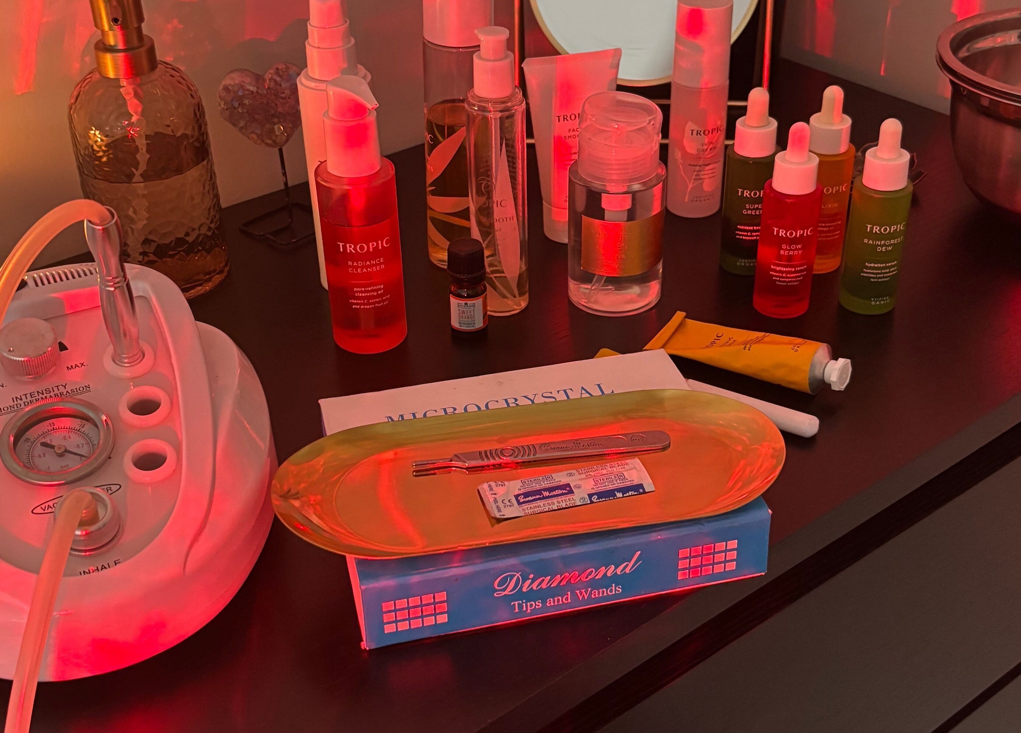 Skincare products and microdermabrasion machine at The Beautique, Atherstone, England, GB.