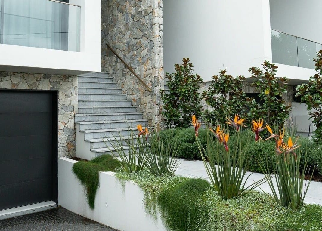 Contemporary entrance of By Stella in Cronulla, New South Wales, AU with lush greenery and stone finishes.