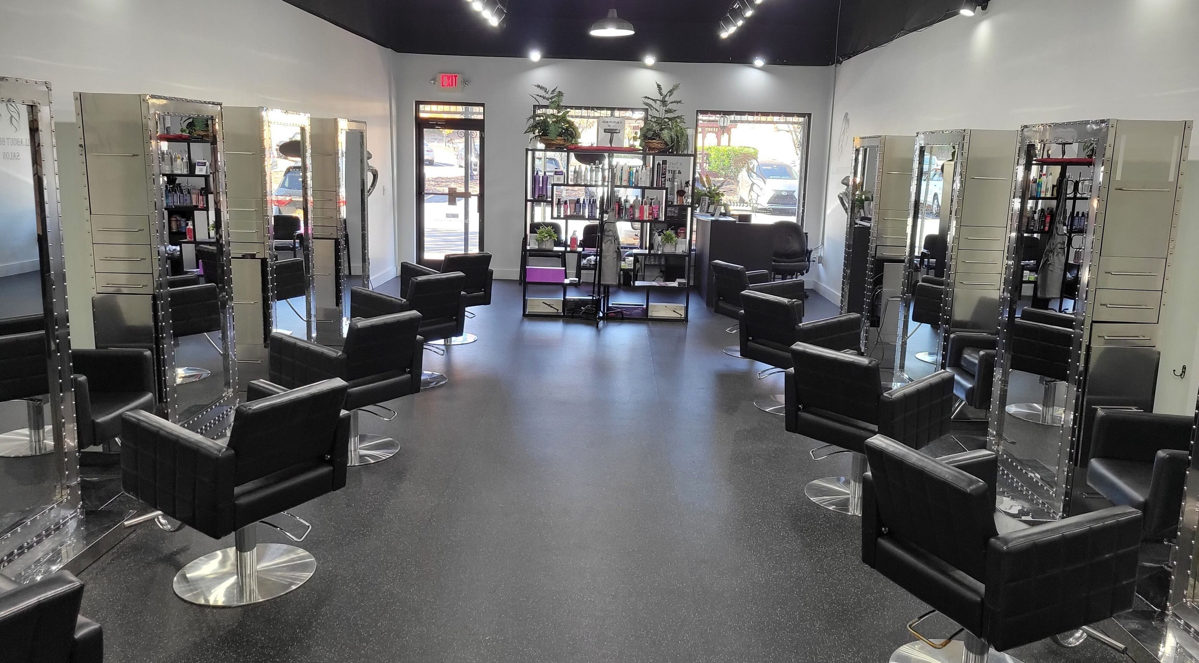 Modern salon chairs and stations at All About Beauty Salon, Alpharetta, Georgia, US.