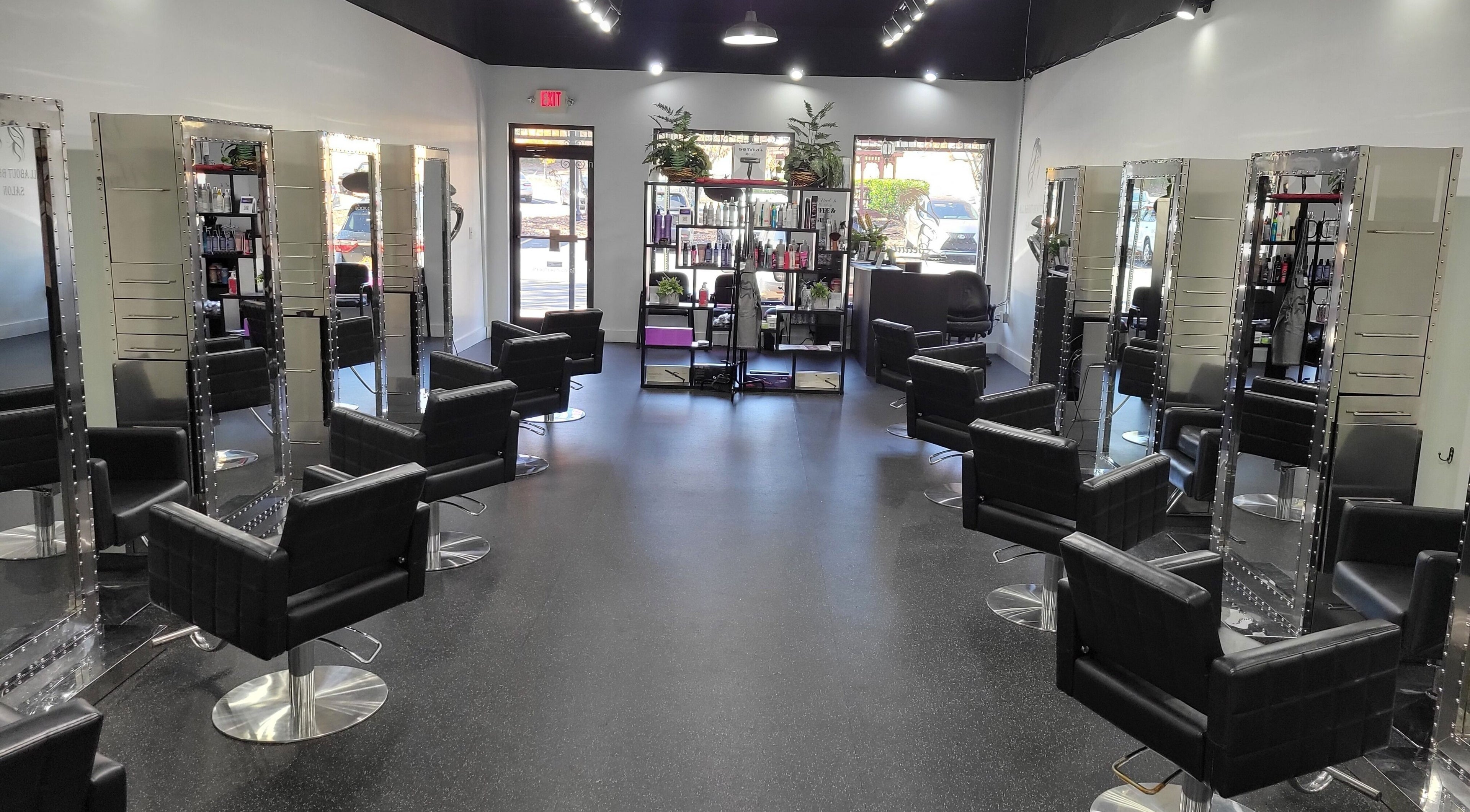 Modern salon chairs and stations at All About Beauty Salon, Alpharetta, Georgia, US.