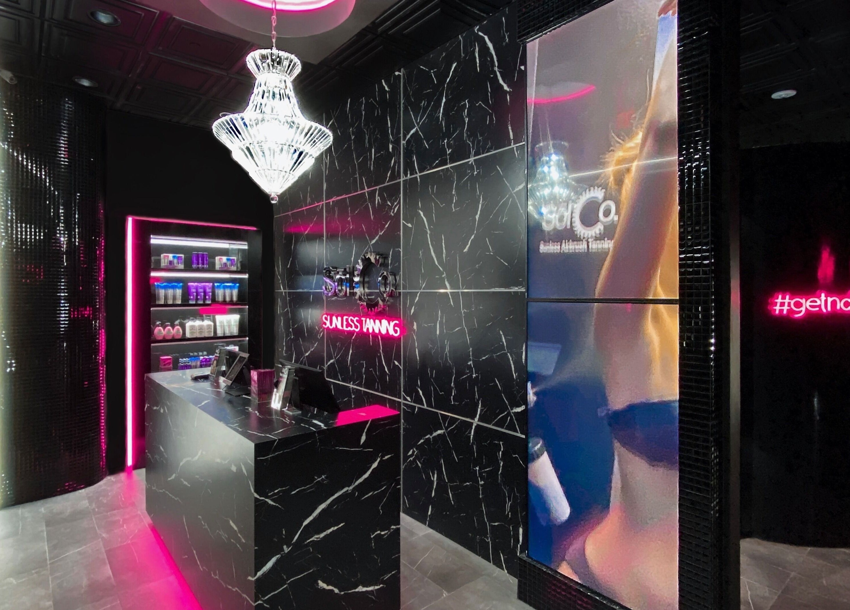 Chic lobby of Sol Sunless Tanning - Flower Mound with elegant decor in Flower Mound, Texas, US.