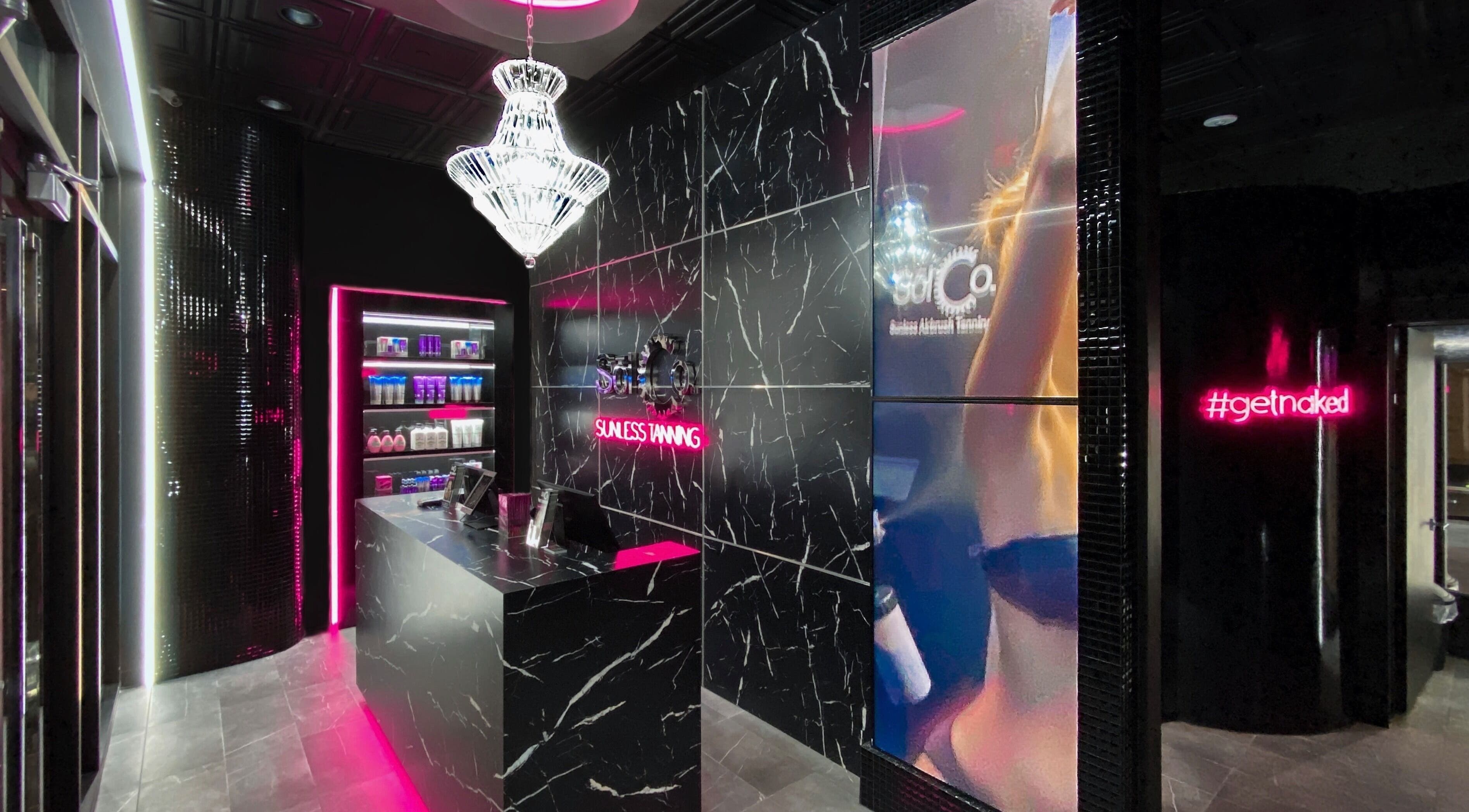 Chic lobby of Sol Sunless Tanning - Flower Mound with elegant decor in Flower Mound, Texas, US.