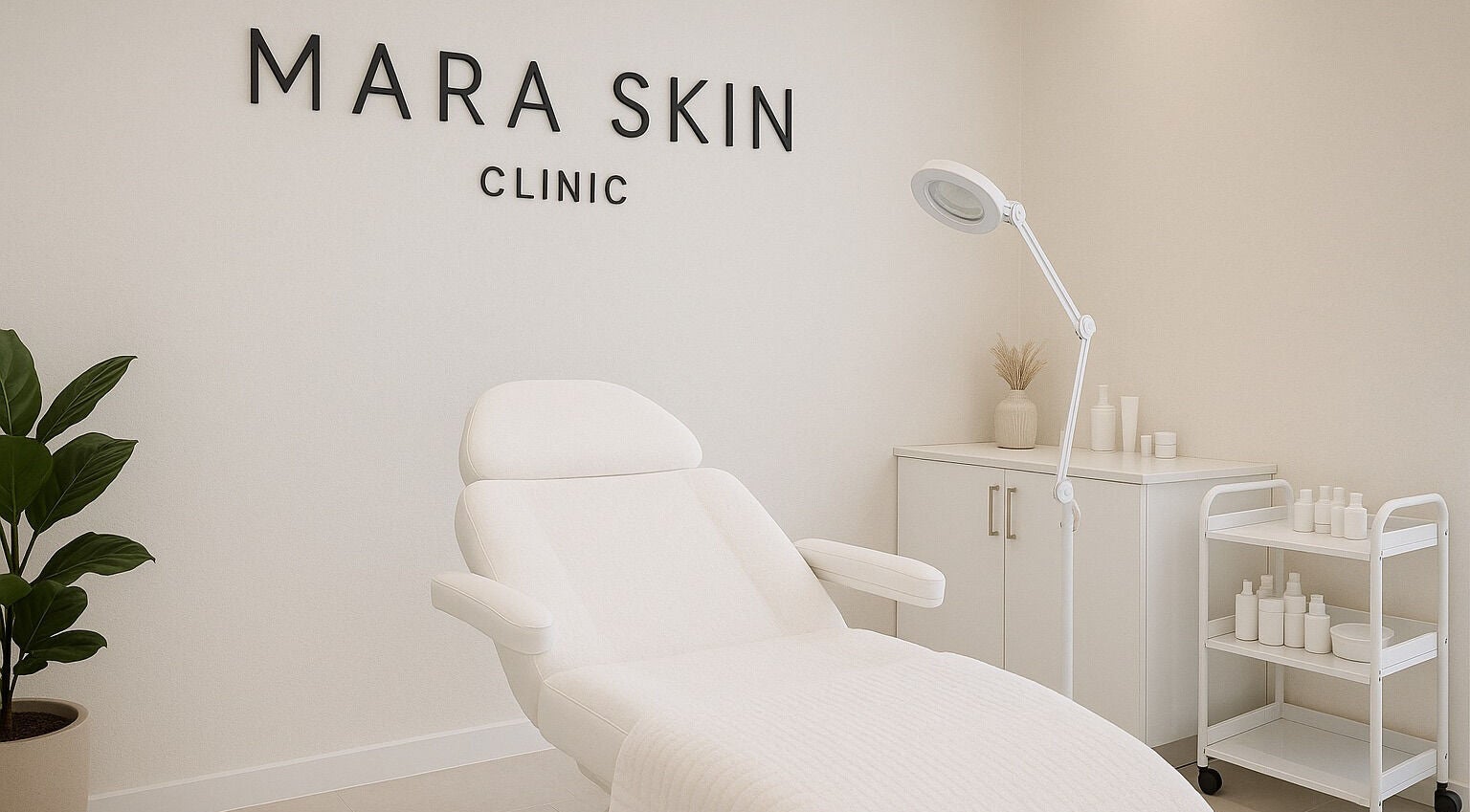 Elegant treatment room at Mara Skin Clinic in London, England, GB, featuring modern decor and professional equipment.