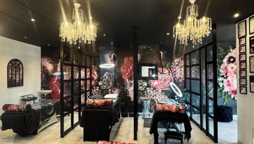 Luxurious beauty salon interior with floral decor at Fourways (Merrow Down Lifestyle Centre), Sandton, Gauteng, ZA.