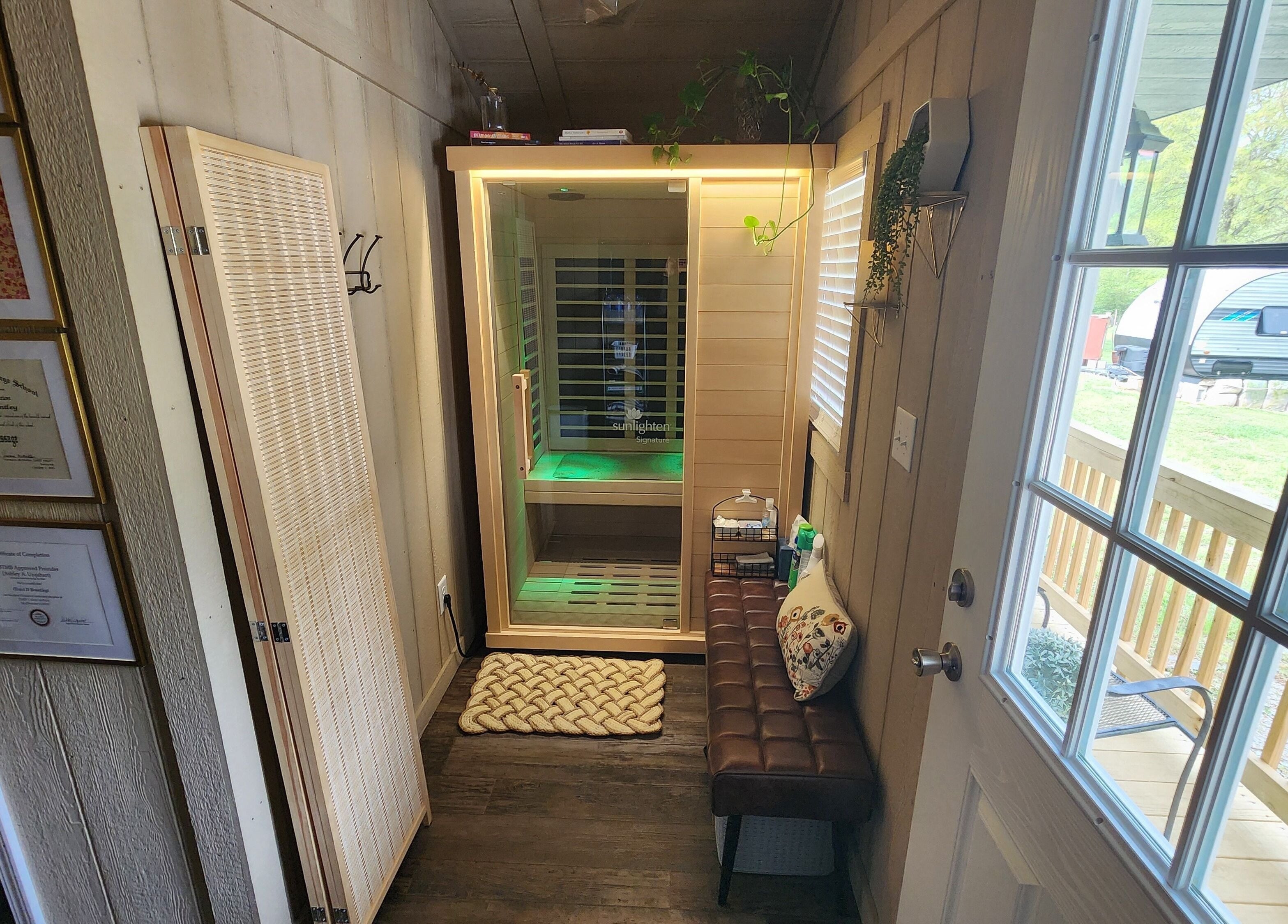Inviting relaxation space at CFM in Clayton, North Carolina, US with certificates and sauna room.