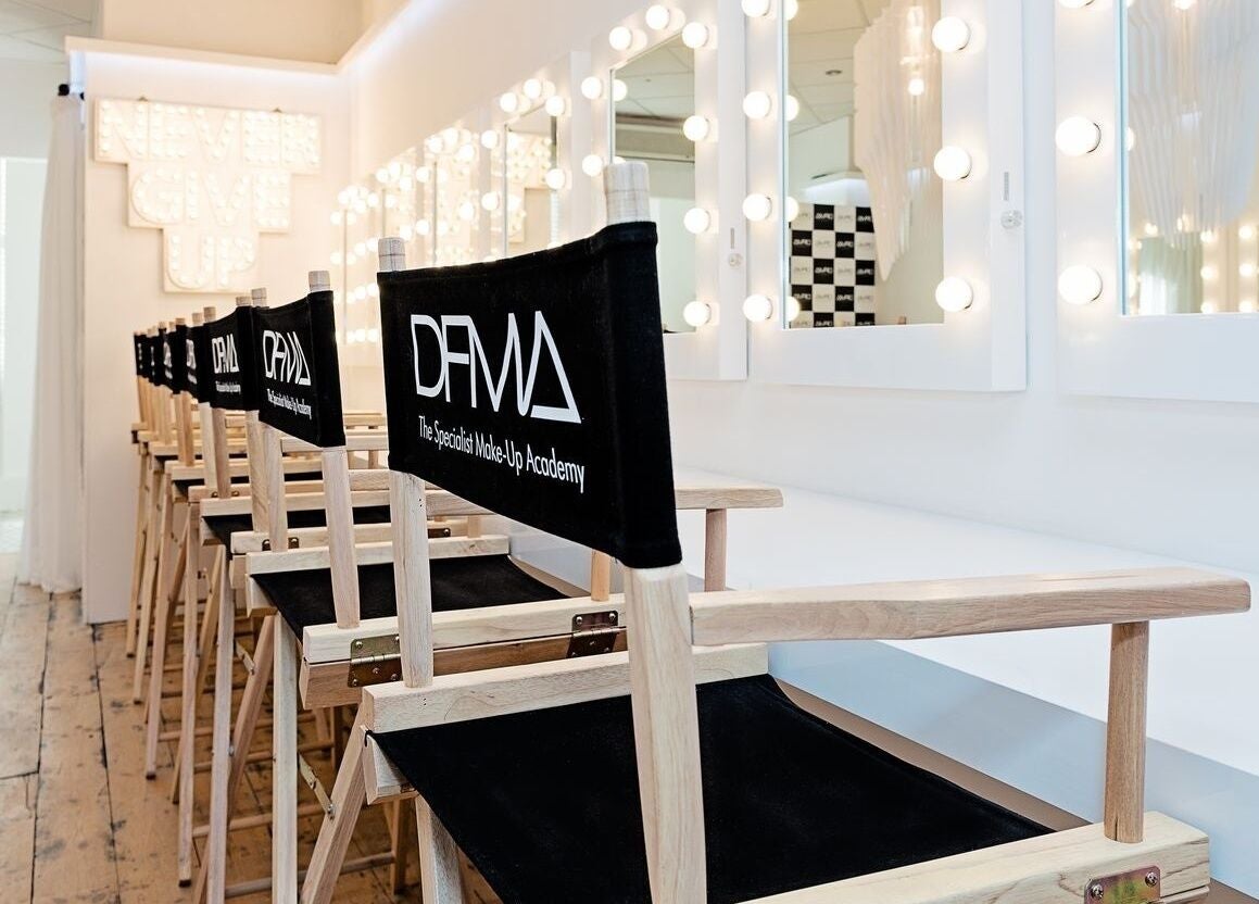 Chic makeup chairs and mirrors at Dfma Make Up & Hair Bar in Poole, England, GB.