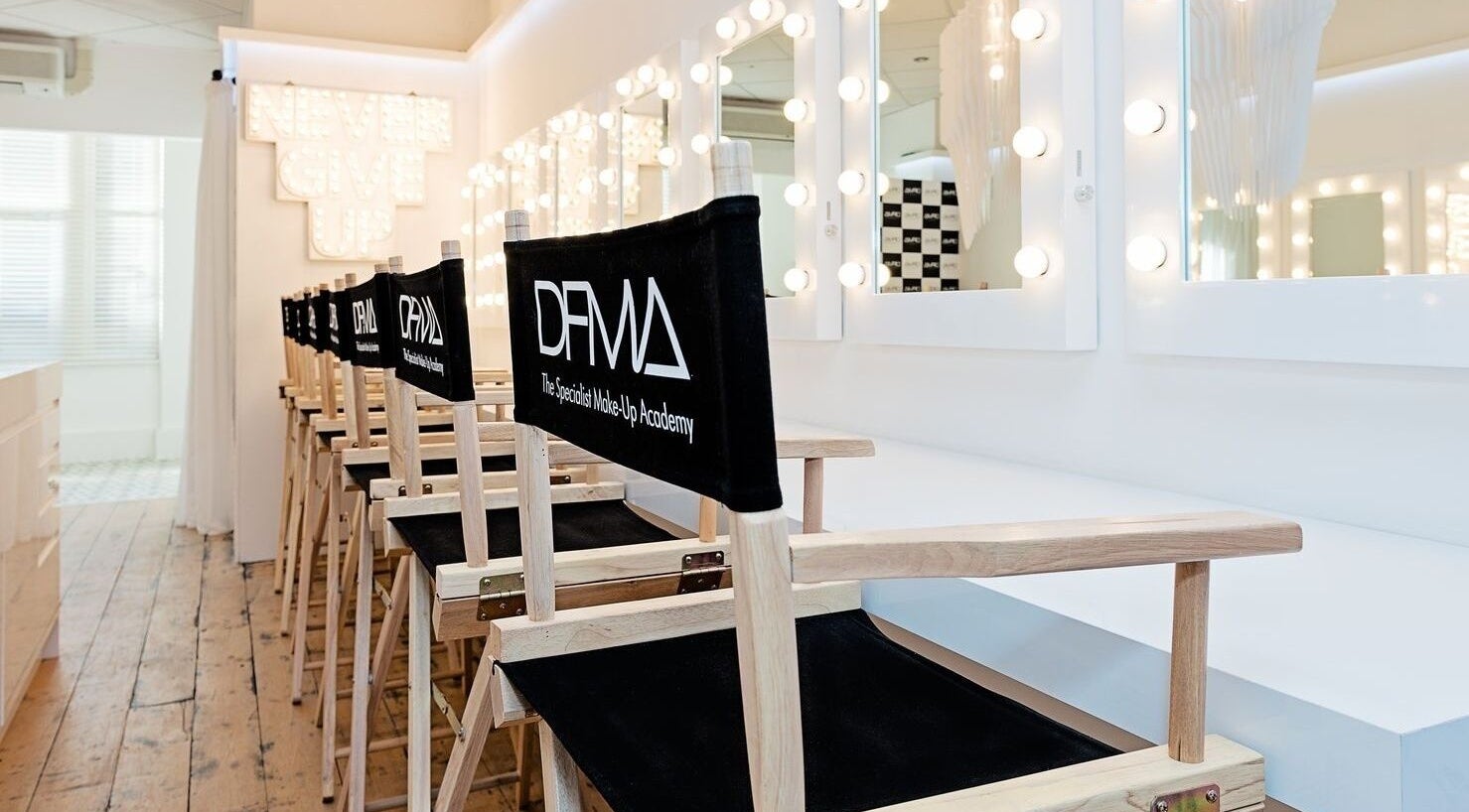 Chic makeup chairs and mirrors at Dfma Make Up & Hair Bar in Poole, England, GB.
