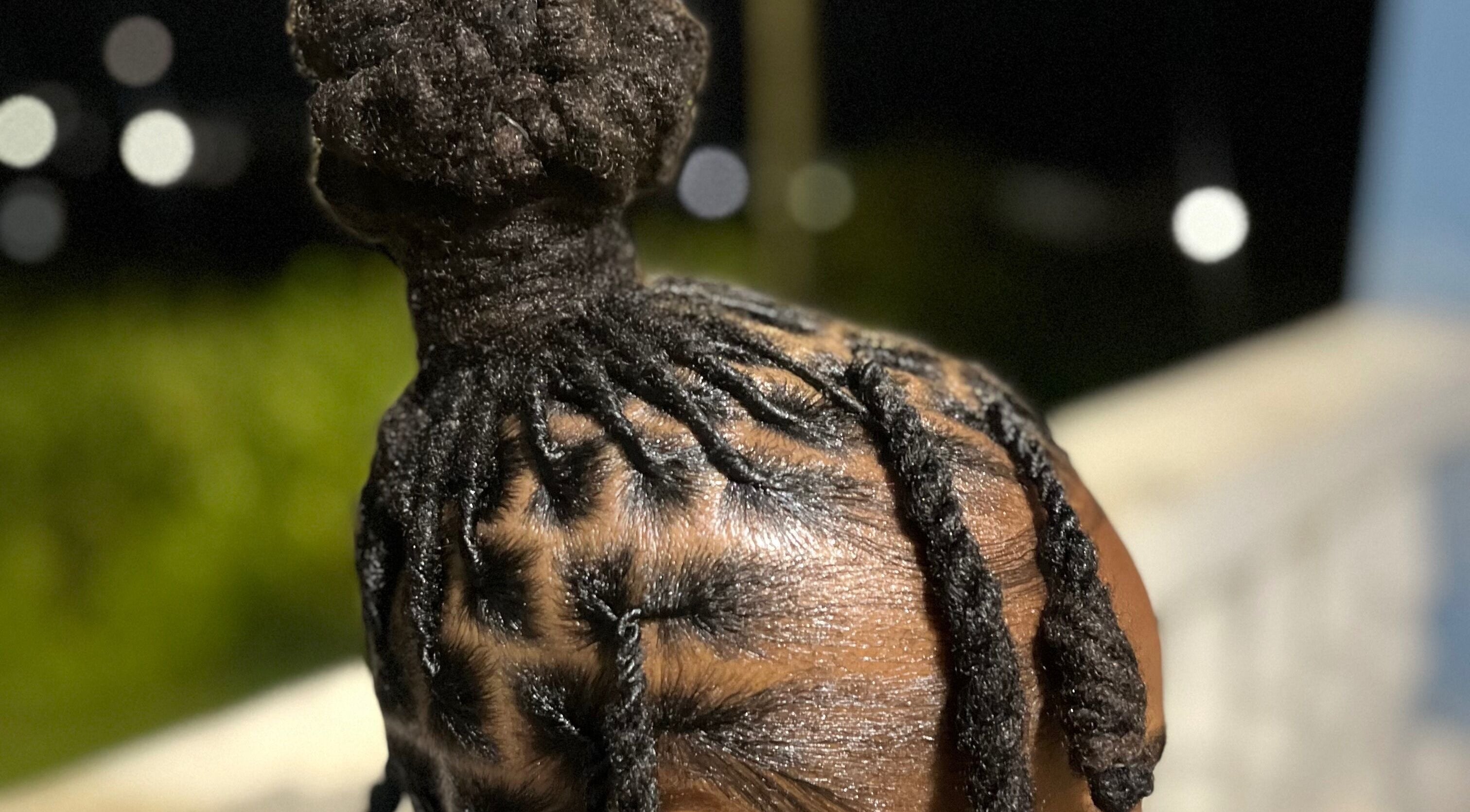 Intricate loc bun hairstyle at Locsdesire, Trinity, KN showcasing expert craftsmanship.