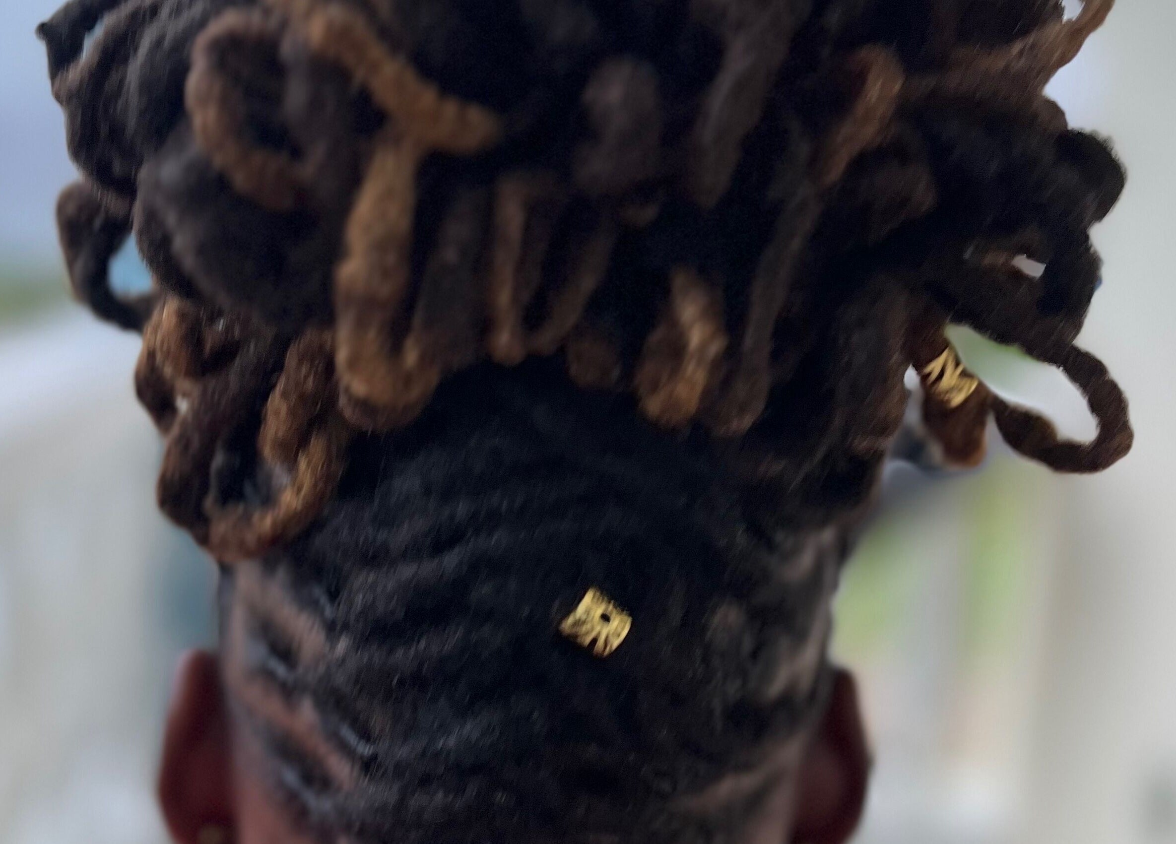Close-up of styled locs with gold accents at Locsdesire, Trinity, KN.