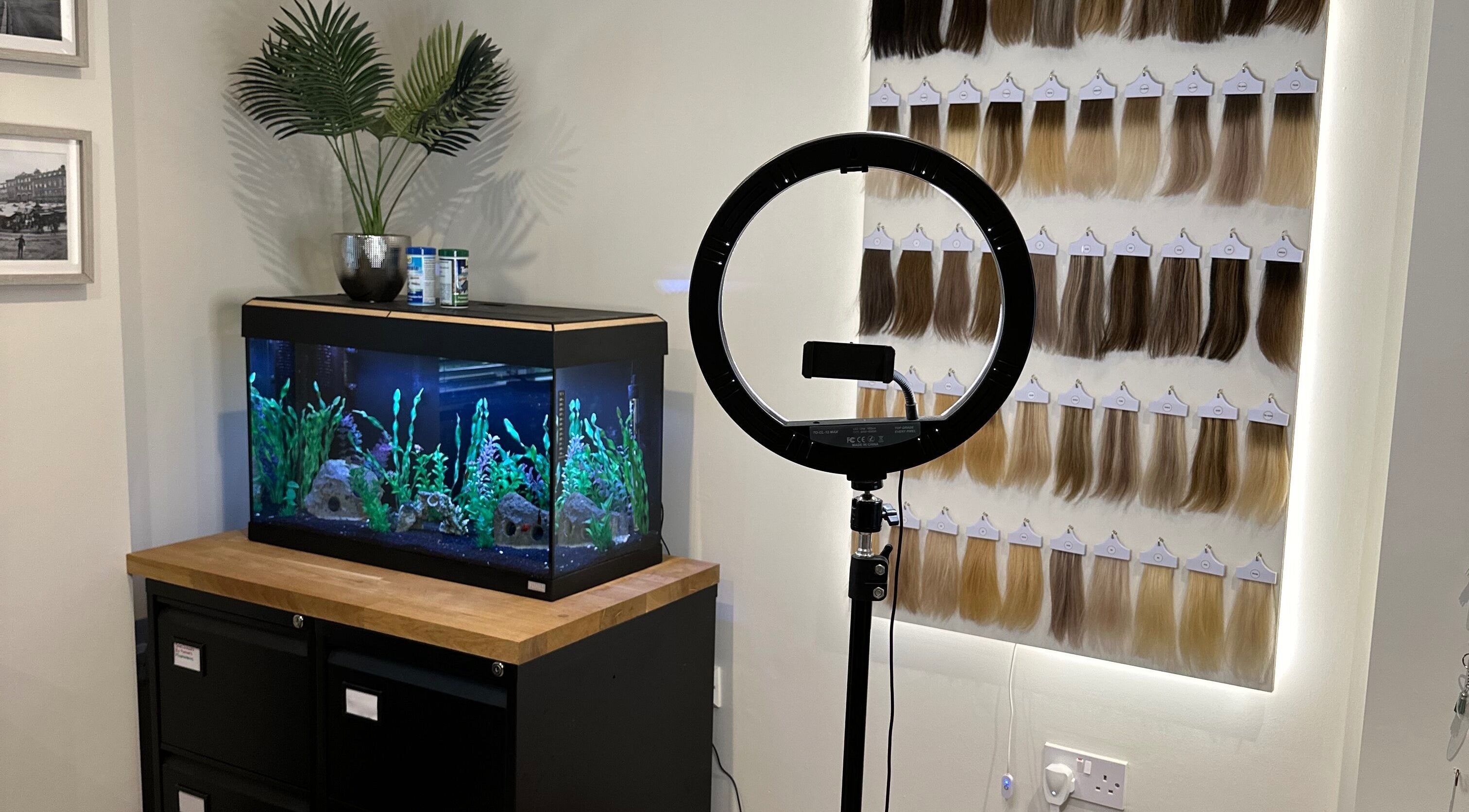 Aquarium and hair samples in Goldielocks Norwich beauty studio, Norwich, England, GB.