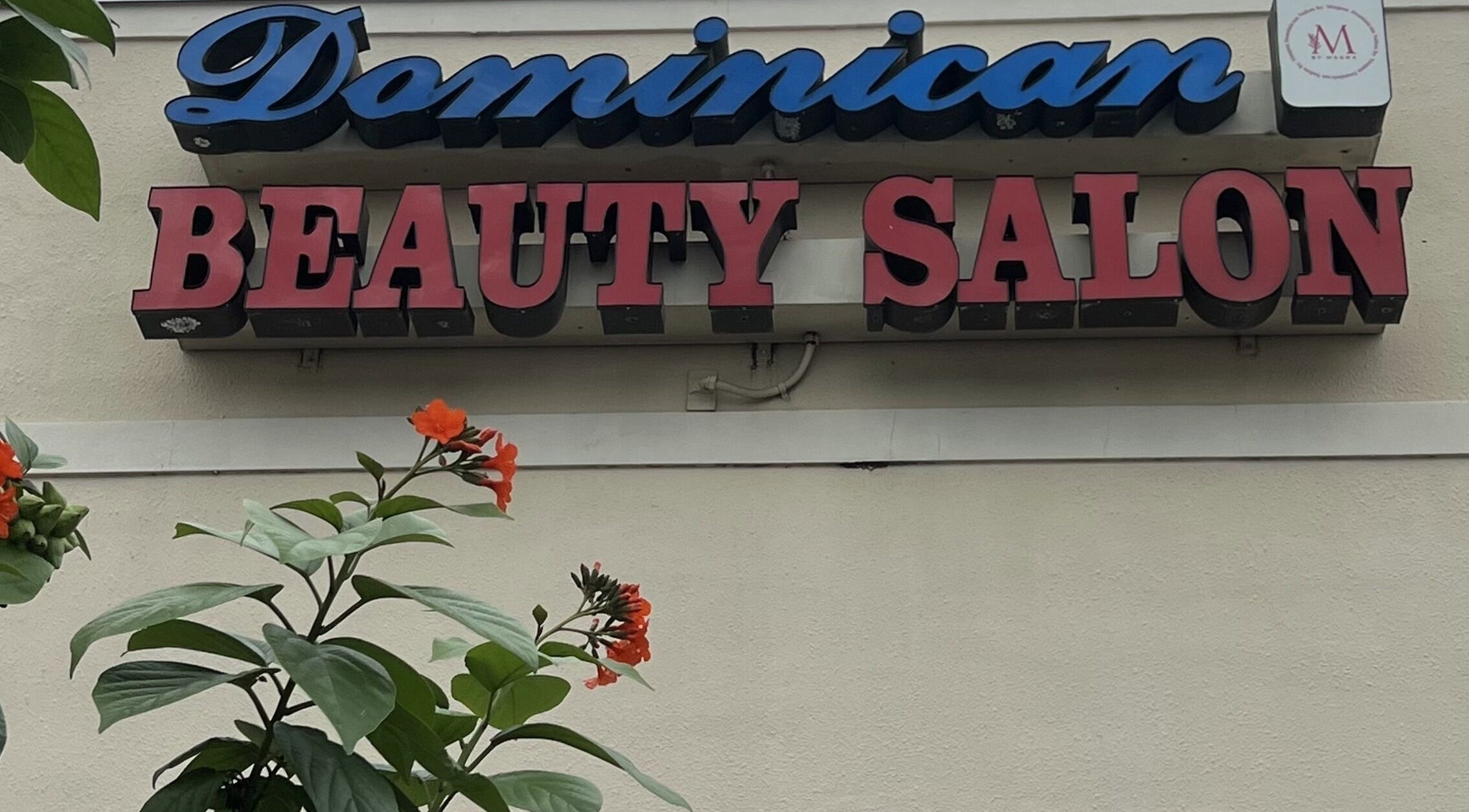 Signage of Dominican Salon - West Kendall with vibrant flowers in Miami, Florida, US.