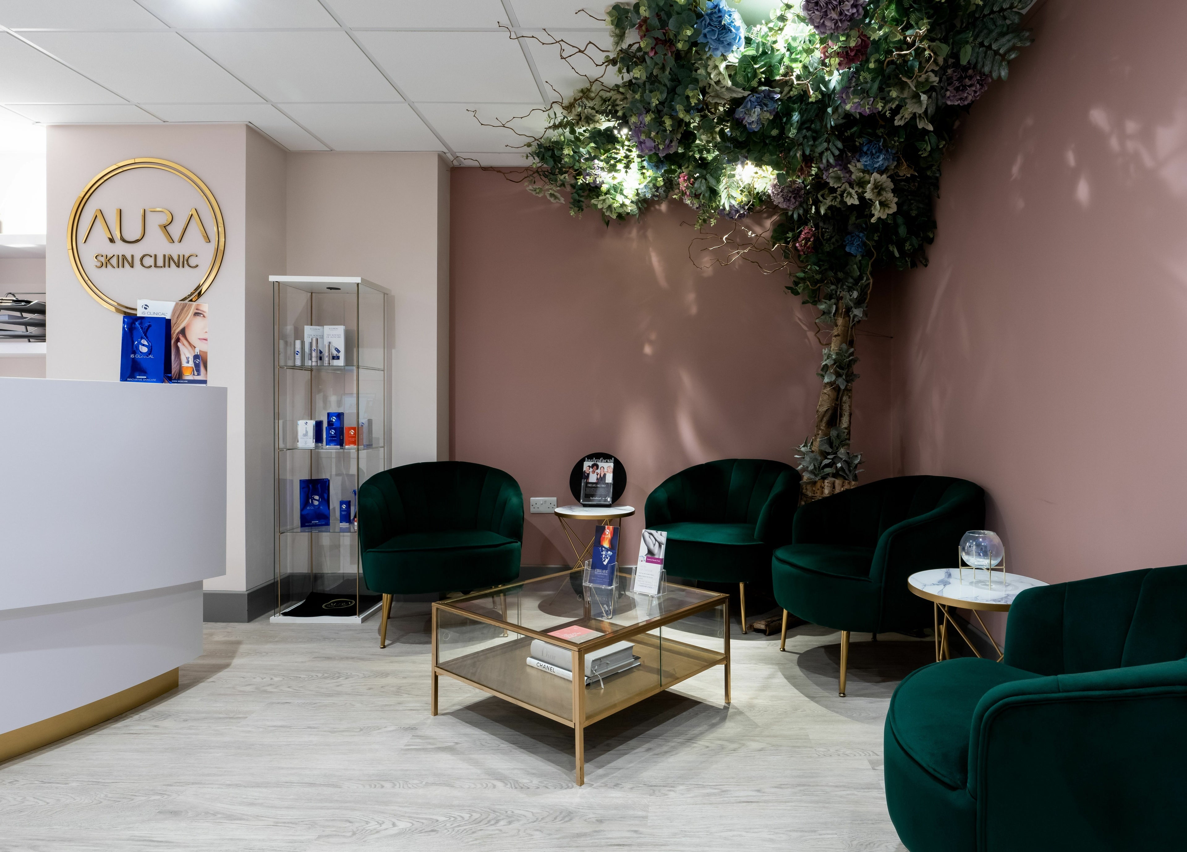 Elegant seating area at Aura Skin Clinic in Milton Keynes, England, GB featuring modern decor and cozy chairs.