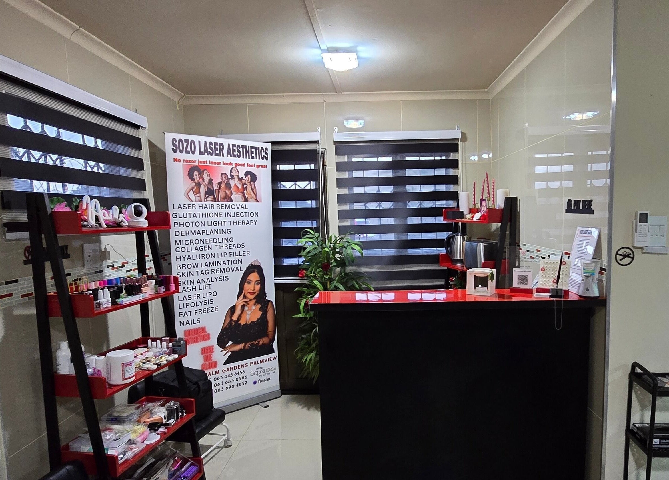 Reception area of Sozo Laser Aesthetics, Phoenix, Kwazulu-natal, ZA with aesthetic products and decor.