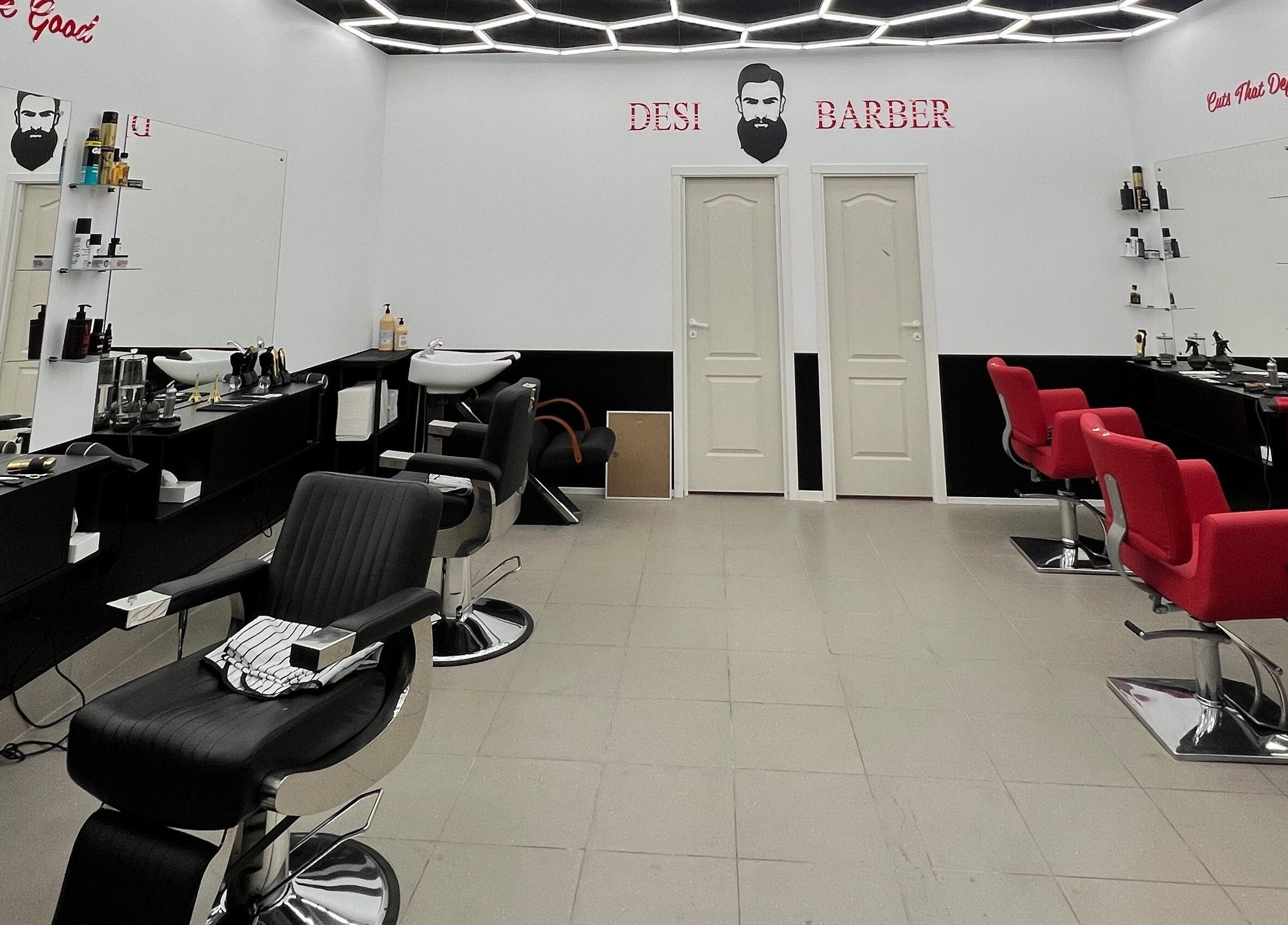 Modern barber chairs and styling stations at Desi (Āgenskalna Tirgus), Rīga, LV.